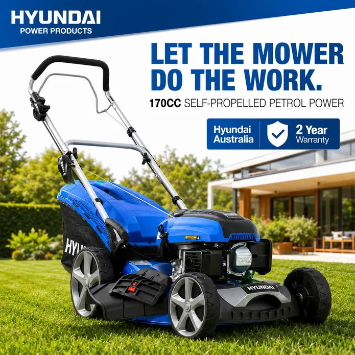 Hyundai 20" Petrol Lawn Mower – Self Propelled, 170cc OHV Engine, Steel Deck, Easy Start, Rear Wheel Drive