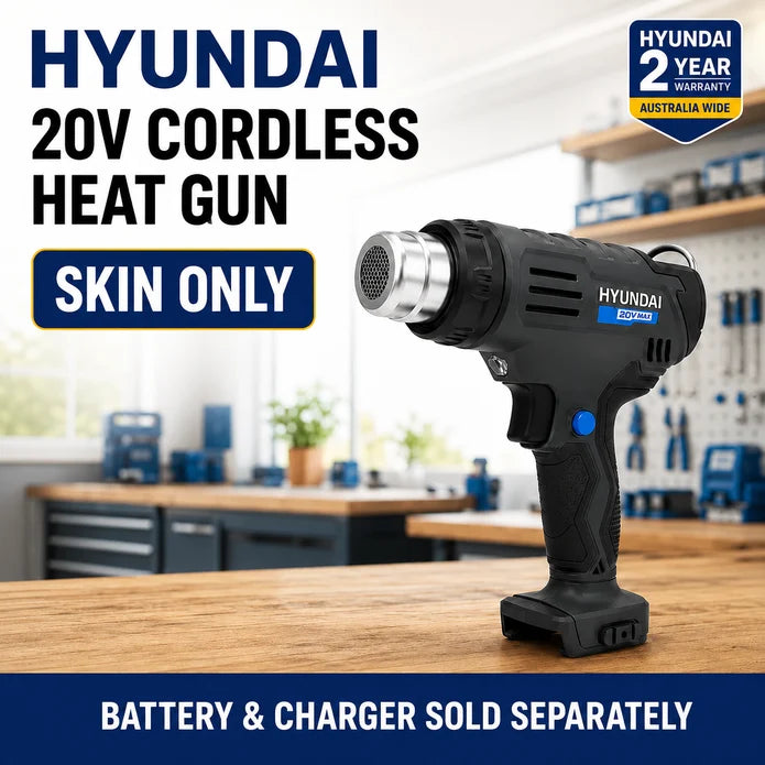 Hyundai 20V Cordless Heat Gun – 2 Temp Settings (350°C/550°C), Auto Cooldown, Lock-On Switch – Skin Only