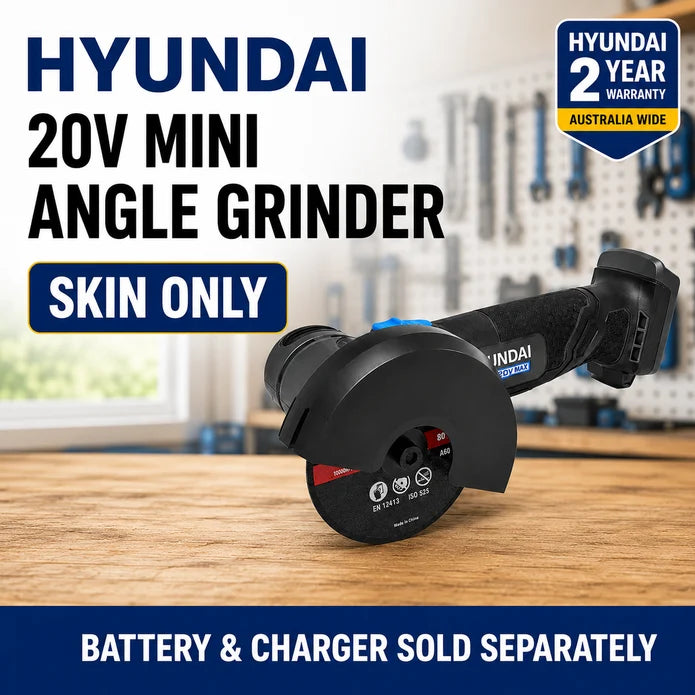 Hyundai 20V Mini Angle Grinder – 19500rpm, 76mm Disc, Tool-Free Guard - Skin Only