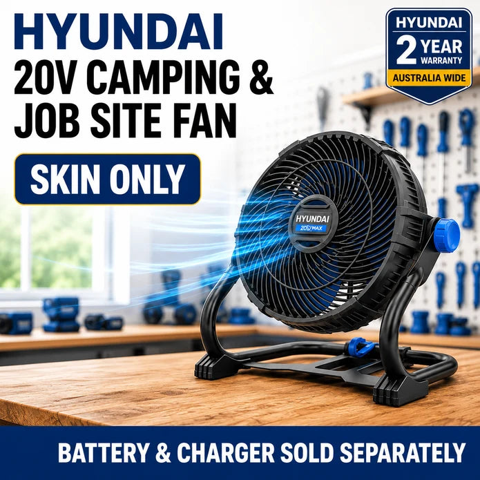 Hyundai 20V Cordless Camping & Job Site Fan – 360° Adjustable Head, Dual Speed, Wall-Mountable – SKin Only