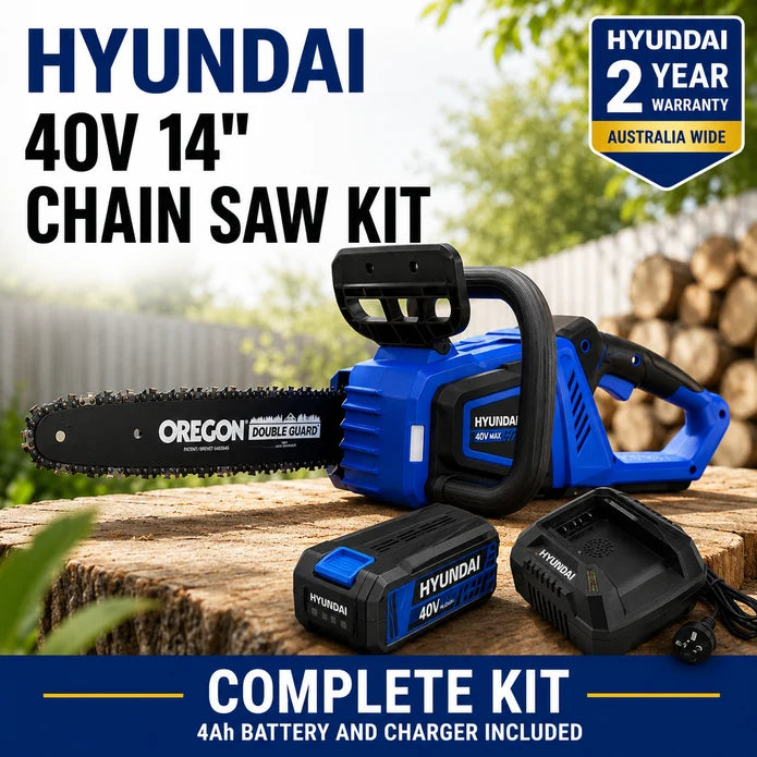 Hyundai 40V Battery Chain Saw Starter Kit– 14" Oregon Bar, 4Ah Battery + Charger, Safe & Eco-Friendly