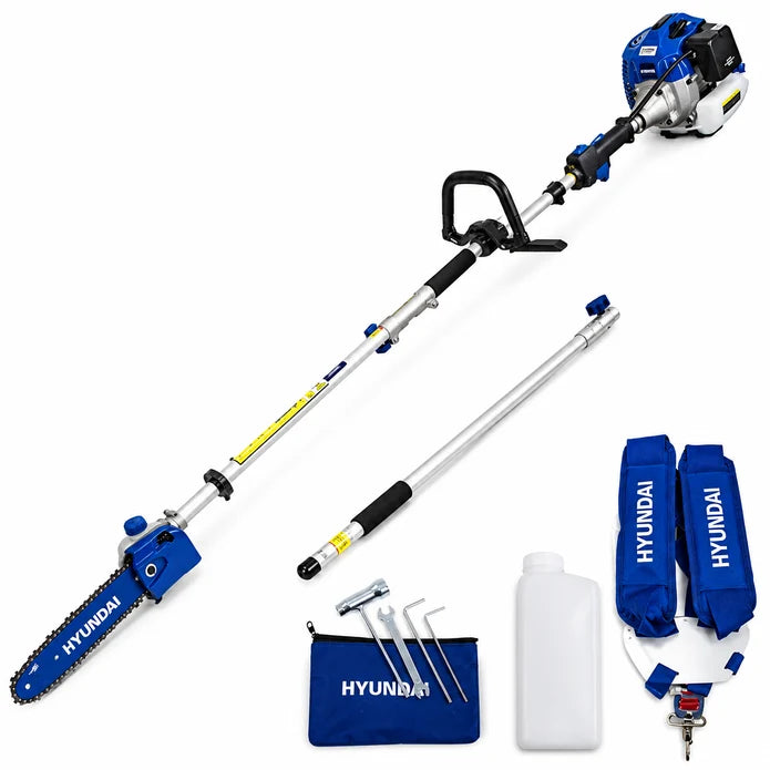 Hyundai 33cc Petrol Pole Chain Saw – 10" Bar, Easy Start, Triple Shaft, 2-Stroke Engine