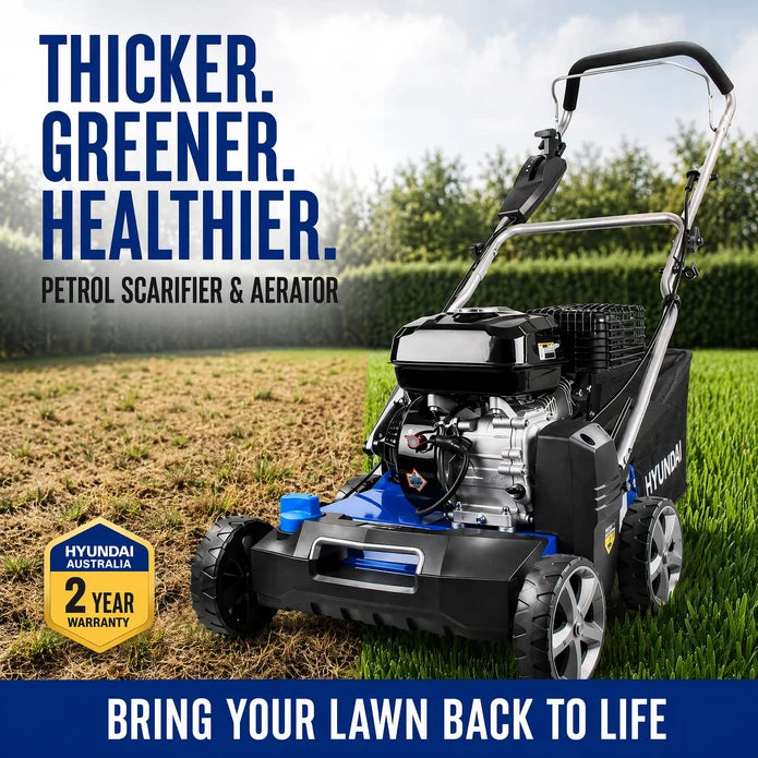 Hyundai Petrol Lawn Scarifier & Aerator 2-in-1, 212cc Engine, 400mm Width, 45L Catcher