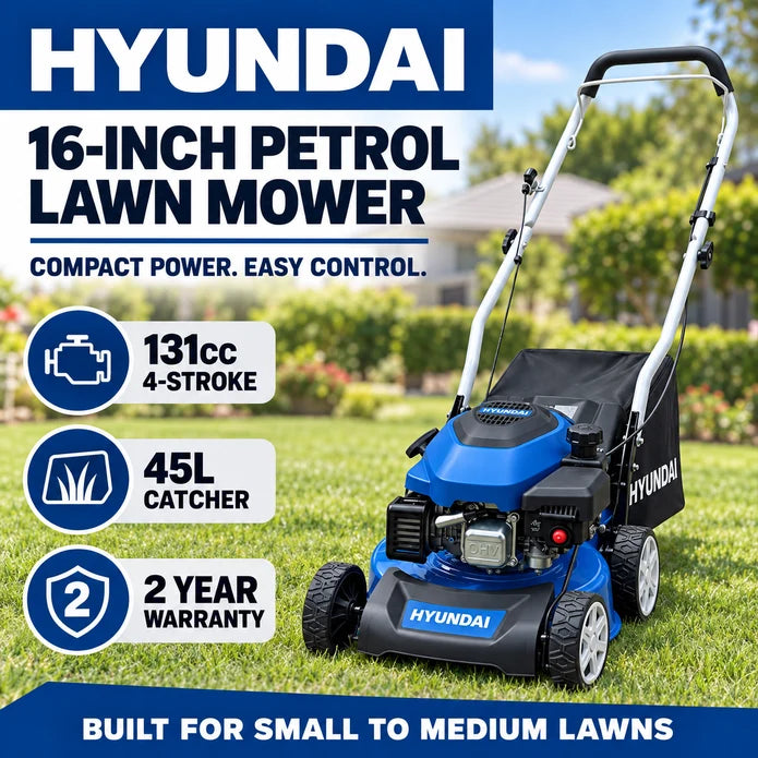 Hyundai 16" Petrol Lawn Mower – 131cc Push Mower with 6 Cutting Heights, 45L Catcher & Easy Start